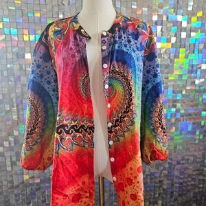 Multi-coloured psychedelic print long sleeve button-up blouse‎